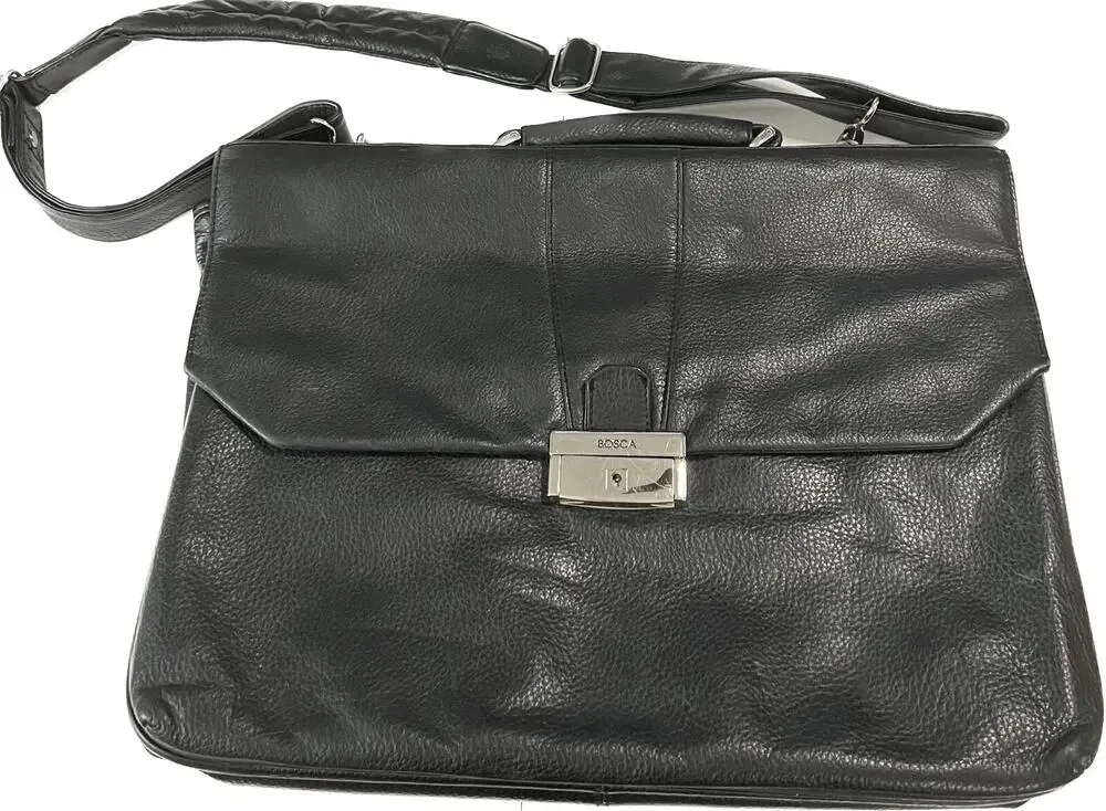 BOSCA Black Soft Leather Double Gusset Flapover Briefcase Messenger Bag